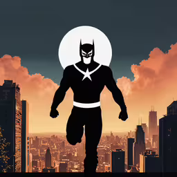 a batman logo over a skyline with a superhero walking in it,a poster of the batman from a picture of buildings