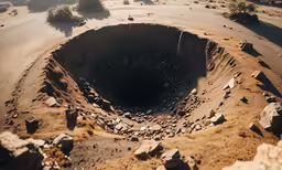 an empty pit filled with rocks on top of a hill