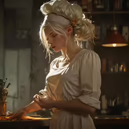 a woman is standing in the kitchen and holding something