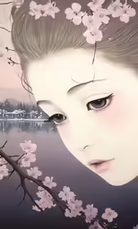 a painting of a woman staring at flowers by water