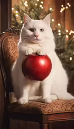 the cat is sitting on the chair holding an apple