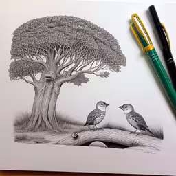 pencil drawings of birds by a tree,two birds sitting on a branch in front of a tree