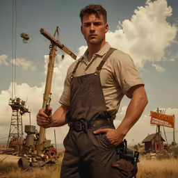 a man holding a gun standing in front of an old farm