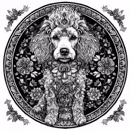 a dog with flowers in its hair and some leaves,an animal with floral decorations is shown on the background
