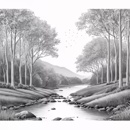 a painting with a creek running through it