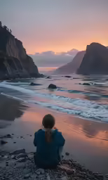 a woman sits on the beach and watches the water