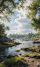 the sky has clouds, trees and water flowing over them