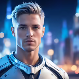 the character is dressed in armor and standing near a cityscape