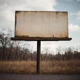 a large, faded advertisement is in an open field