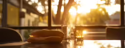 a table with a vase, sandwich, and a candle sitting next to it