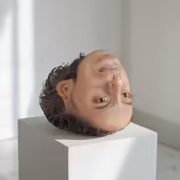 an unfinished mask of a man sitting on a white box