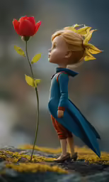 a cartoon character and flower with blue body