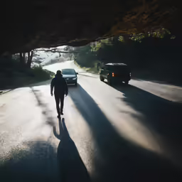 a person walking in the shade on a dark street