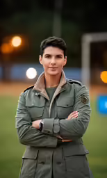 a woman with her arms crossed and jacket over