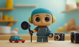 a boy holding a small camera, next to a car and a toy truck
