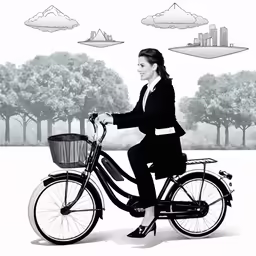 a woman on a bicycle in a city