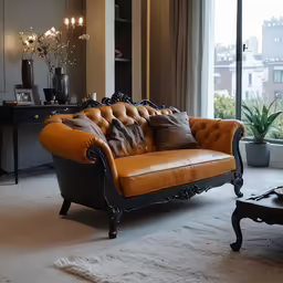 this couch has many pillows on the leather