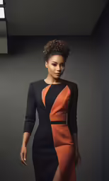 a woman in black and orange poses for a photo