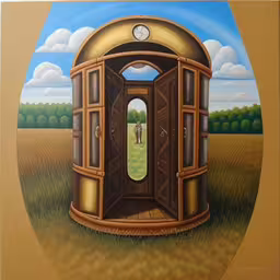 a painting with an open doorway and two cows,a picture of a painting of a round doorway with grass