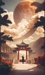 a large alien moon over an arch in a park