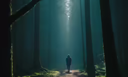 a man walking down a path in the middle of the woods