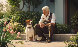 man and dog sitting on stone steps in front of building