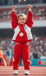 a child on a track with her hands up in the air