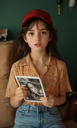 a small child sits on a couch and looks at a magazine