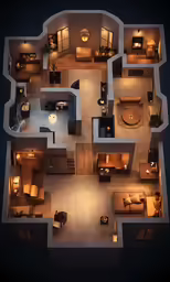 an aerial view of an apartment at night