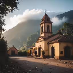a church sits on the dirt road in front of mountains