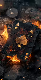 a piece of black and gold food with orange and yellow flames