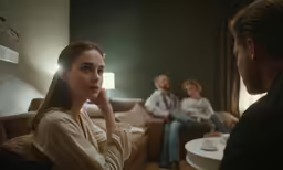 people are sitting in the living room watching something on television