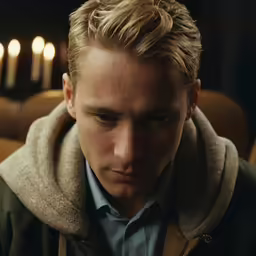 a man in a grey coat staring intently