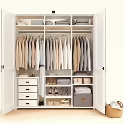 an open white wardrobe that has clothes and bags on it