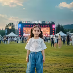 a little girl stands in the grass near the crowd