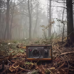 a digital camera is sitting in the middle of the woods