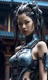 a woman with some tattoos is standing in front of a building,a futuristic cyber girl looking back while wearing large metal gear