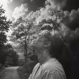 a woman looks up at a sky with clouds