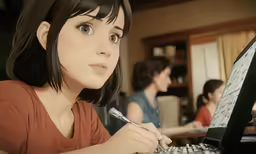 a woman sitting at a desk writing on her laptop