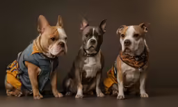 three dogs sitting on a gray background with brown vests