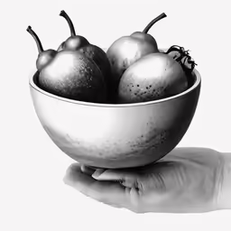a person is holding a silver bowl filled with silver apples
