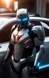 the character is standing next to a car
