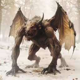 a large demon with wings and claws on a snow covered ground