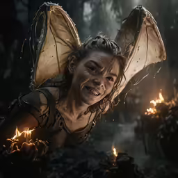 a young woman wearing a dragon costume poses in the rain