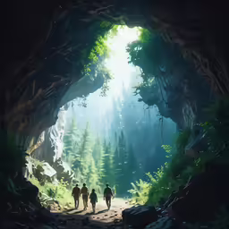 two people walking through a large cave into the woods