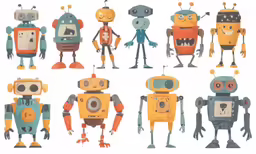 several different cartoon robot character on white paper