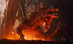 an orange and red dragon sitting in the woods