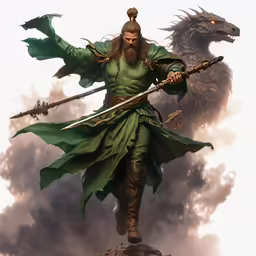 an illustration of a male with two swords in his hand and a big dragon behind him