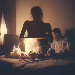man sitting next to a woman over fire in bed