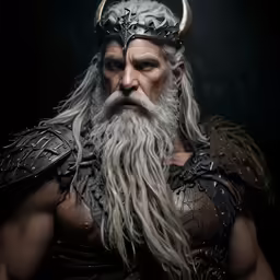 an old man wearing a horned head and long hair